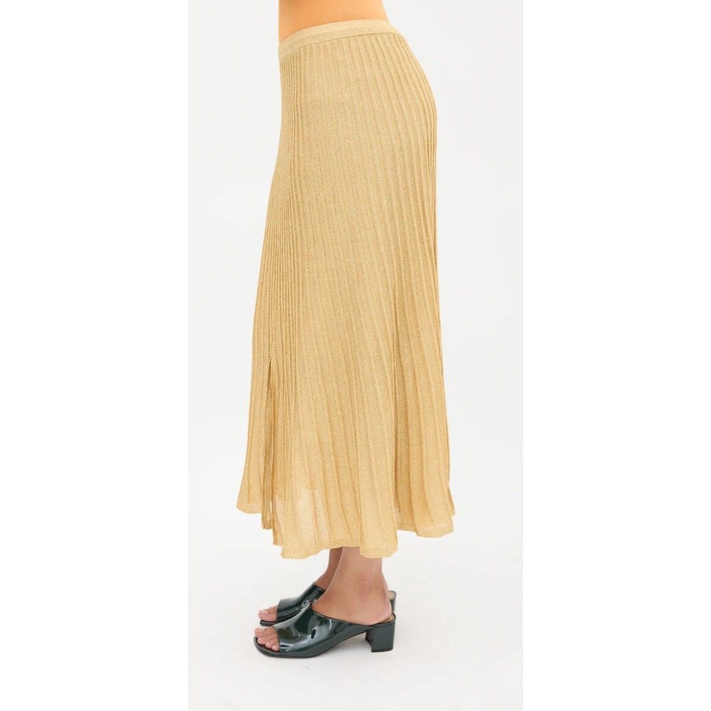 Sandro Paris Gold Metallic Pleated Midi Skirt Side Slit Knit Size 2 - Picture 3 of 9